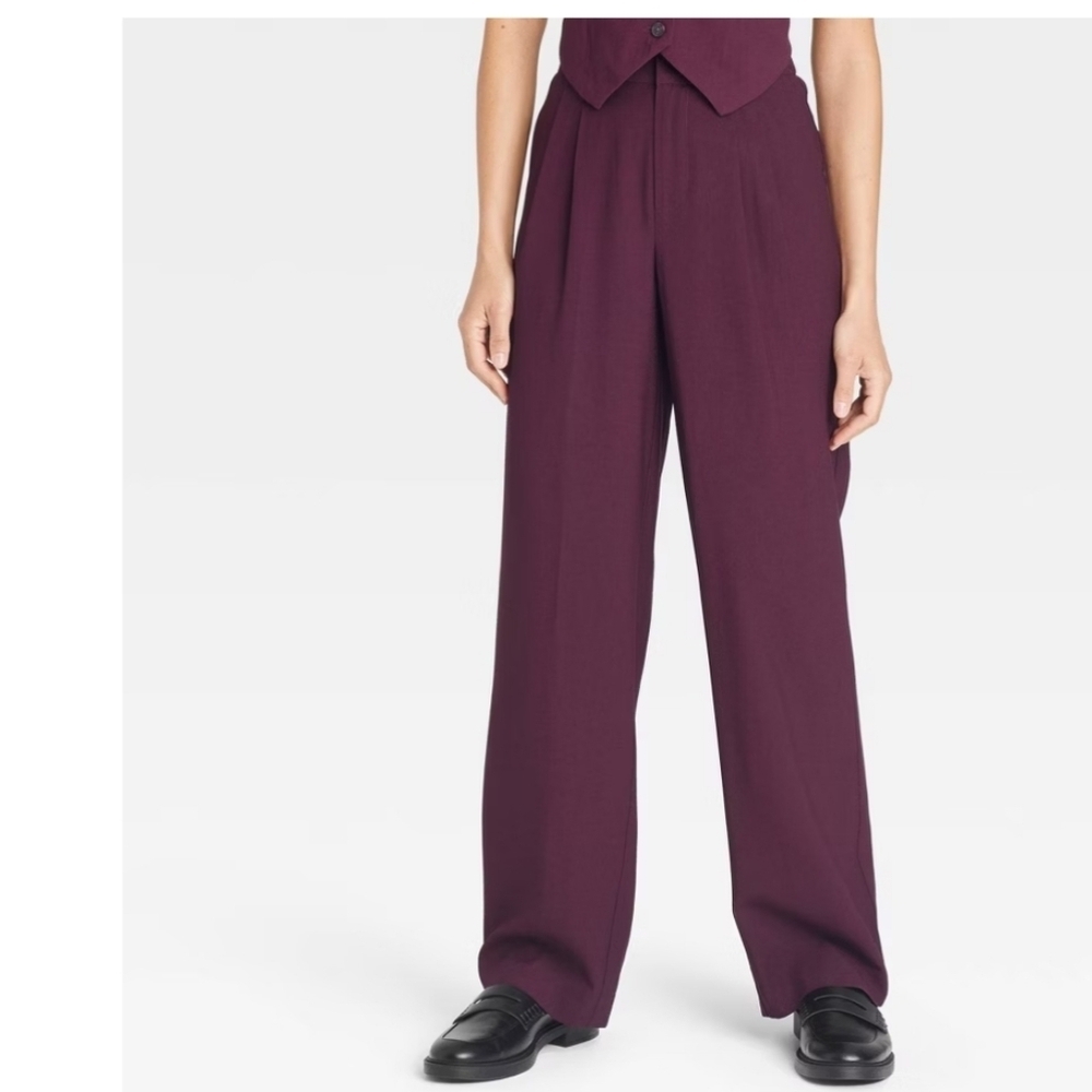 Women's High-Rise Pleat Front Straight Trousers - A New Day Burgundy 14